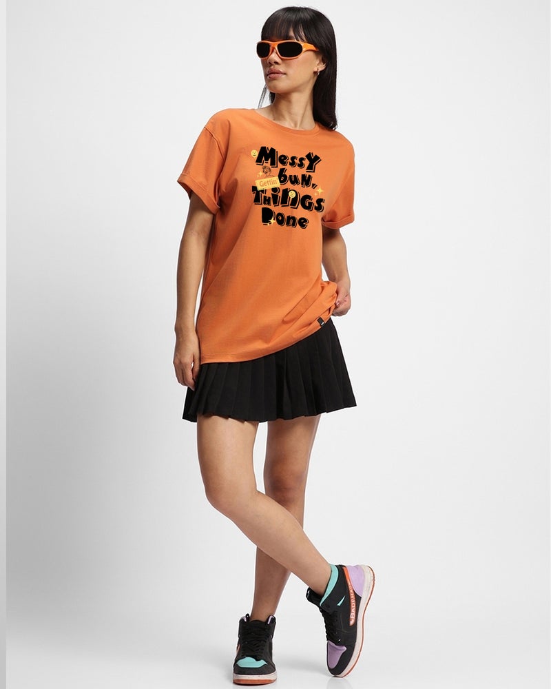 bewakoof Women's Orange Messy Bun Typography Boyfriend T-shirt - Image 4